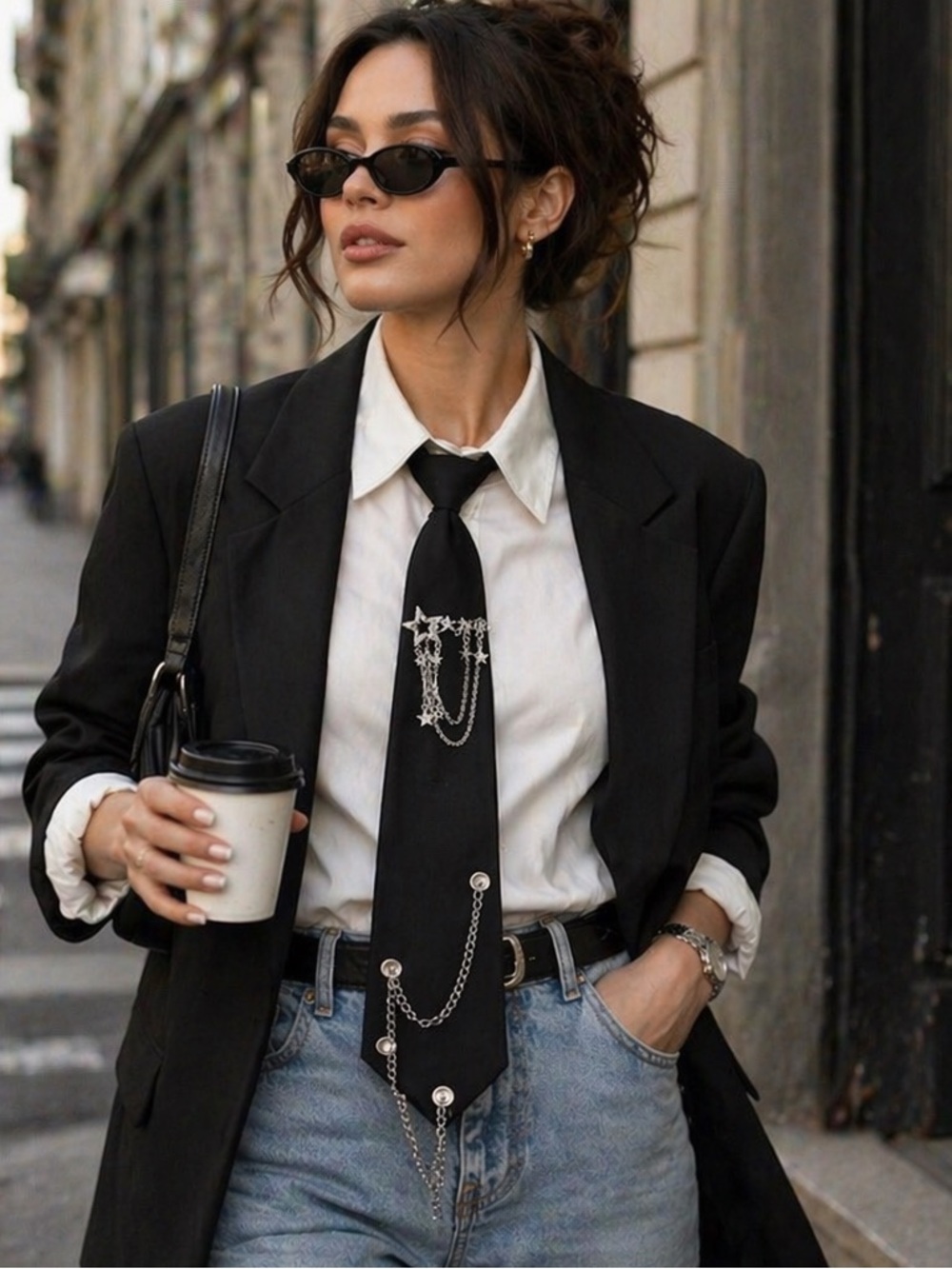 Chic Menswear-Inspired Black Tie w/ Chain Detail - Statement Accessory